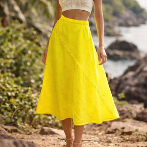 DKNY Fringe Trim 100% Linen Midi Skirt Summer Beachy Boho Bright Yellow Sz M NWT